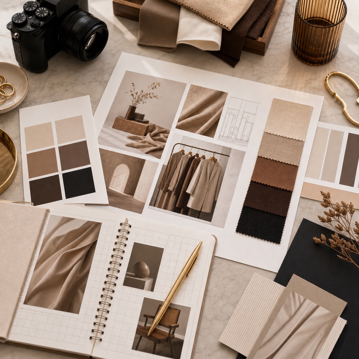 Moodboard de dirección creativa con textiles y referencias